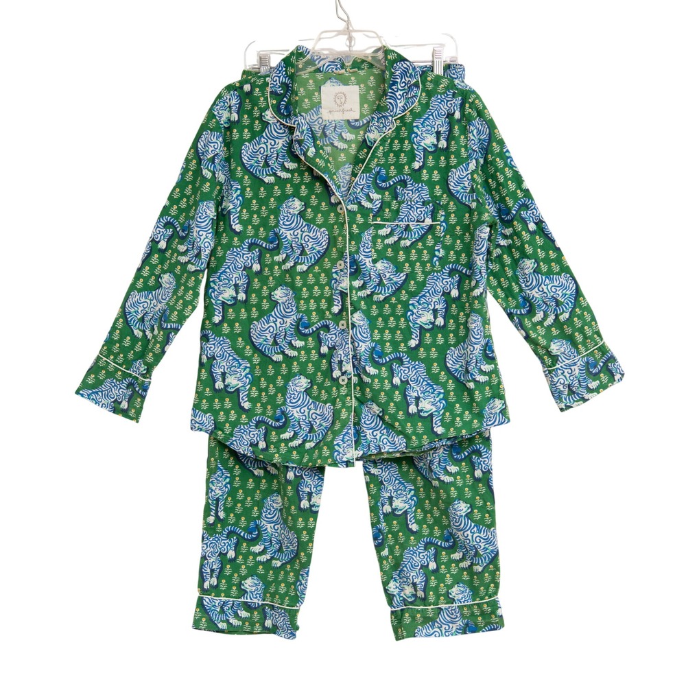 Print Fresh Bagheera Tiger Pajamas Set Green Sz S Maximalist Boho Animal Print